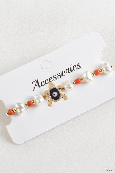 ZERO LAND SVL-SHOP Turtle Bead Pearl Macramé Cord (211414) Bracelet, Orange