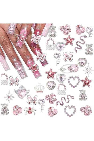 AZONEE 32 Pcs Nail Charms - 3D Alloy Nail Art Decorations with Rhinestones (B...