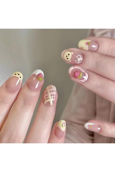 Tazweeq 24 Pcs Press on Nails, Short Oval Fake Nails, Acrylic Full Cover Stic...