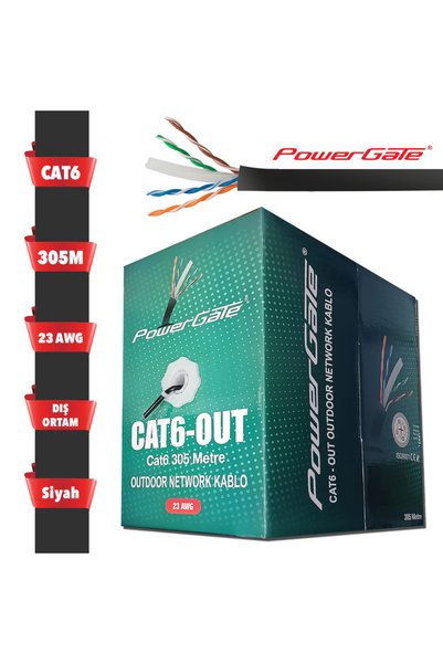 Powergate CAT6-OUT-CCA, Outdoor (Dış Mekan), Polietilen, 23AWG 0.57mm, UTP, CAT6, CCA Kablo, 305m, S