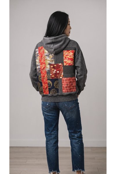 OEM Hanorac Dama Oversize Gri, Model Japonez Patchwork, Imprimeu Artistic Col...
