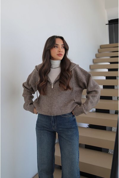 Havoş Taupe Color Wool Blend Hooded Cardigan