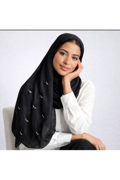 Veil Designer Black double-layered hijab with embroidery on both ends, Japane...