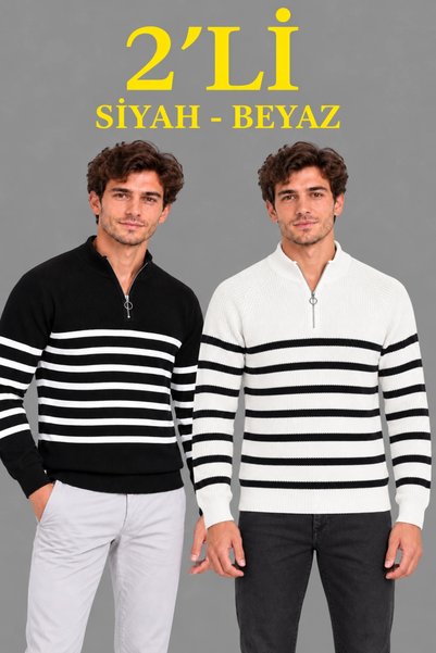 trendmood Men's 2-Pack Mock Neck Half-Zip Striped Brioche Knit Sweater - Blac...