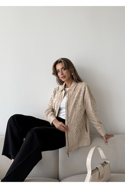 MİA NOURA Jachetă pentru femei din țesătură de suvet, cu mâneci, broderie cu ...
