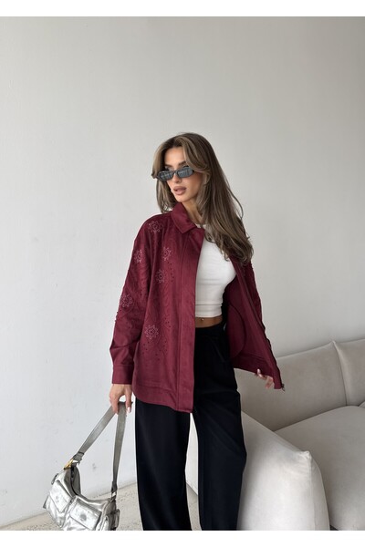 MİA NOURA Jachetă pentru femei din țesătură de suvet, cu mâneci, broderie cu ...