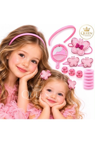 QUEEN AKSESUAR Set de 14 accesorii pentru păr pentru fetițe, cu fluturași roz...