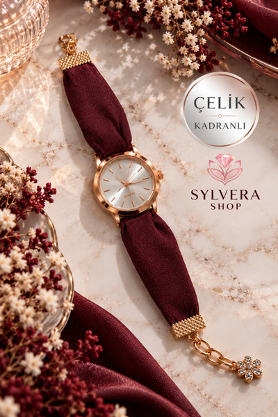 Sylvera Shop ساعة يد نسائية بمينا فولاذي دائري وحزام من قماش باللون العنابي.