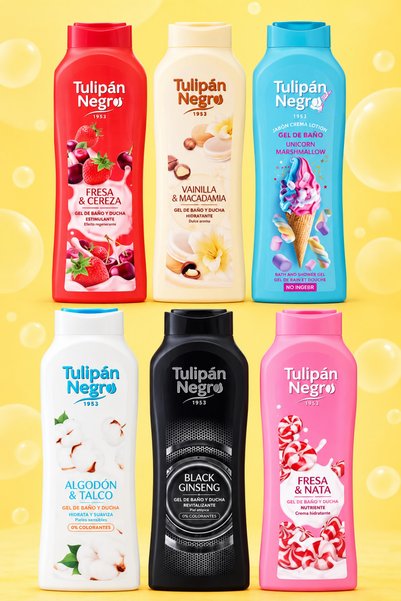 Tulipan Negro Set 6 Geluri de Duș Mix Cireșe, Vanilie și Bumbac, 6 x 650 ml