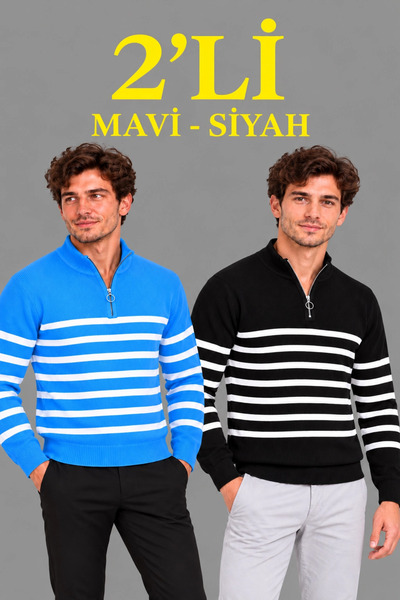 trendmood Pulover bărbătesc din tricot elastic, striat, cu guler înalt, cu do...