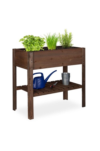 Relaxdays raised wooden planter, dark brown, 80x43.5x88 cm, for flowers, herb...