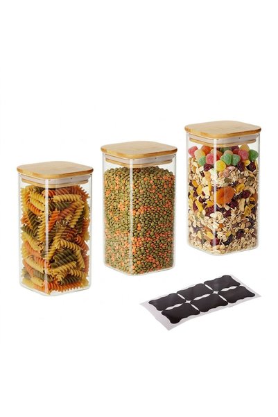 Relaxdays Set de 3 borcane de sticlă cu capace de bambus, 1500ml, transparent...