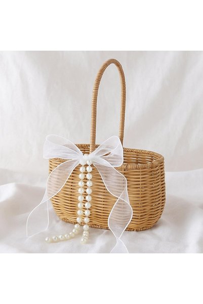 KASTWAVE Wicker Rattan Flower Girl Basket, Rustic Handwoven with Pearl & Bow ...