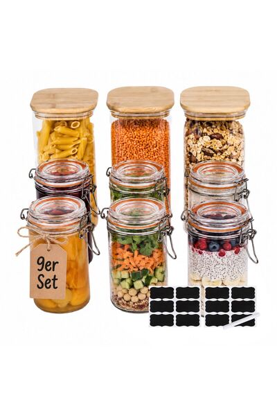 Relaxdays Set de 9 borcane de sticlă cu capace de bambus, multicolore