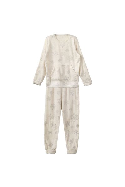 OEM Set pijamale de Crăciun pentru femei, ecru pufoase cu fulgi argintii, măr...
