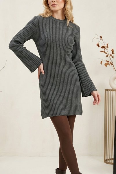zerfu Women's Crew Neck Long-Sleeve Basic Corded Fabric Knit Dress