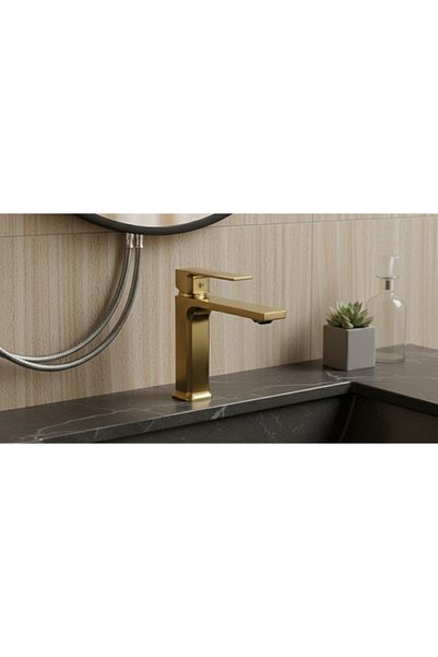 Generic Brand Short Square Gold Matte Finish Sink Mixer with Liat