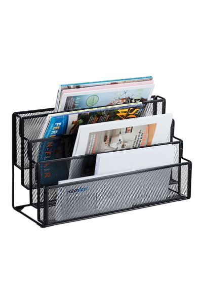 Relaxdays Metallic desk organizer, 4 compartments, black, 26 x 45 x 18 cm