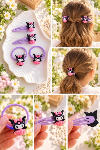Generic Brand Set of 4 Cute Character Hair Clips – 2 Elastic Clips, 2 snap-fa...