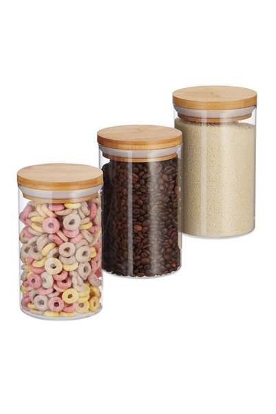 Relaxdays Set de 3 borcane de depozitare cu capace de bambus, Relaxdays, 800 ...