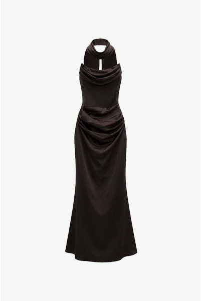 Havoş Strapless Satin Dress with a Brown Scarf