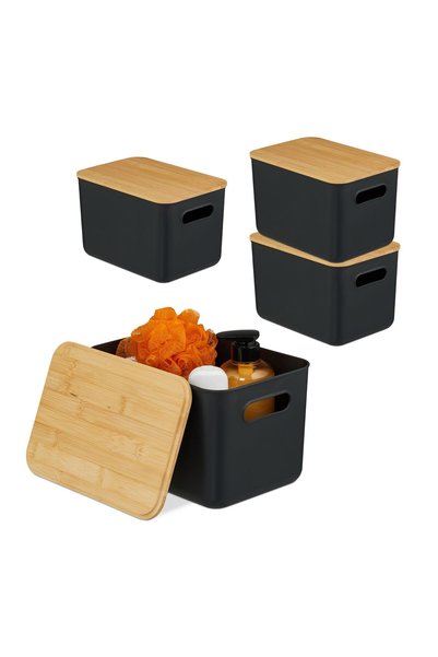 Relaxdays Set de cutii de depozitare cu capac din bambus, maro deschis/negru,...