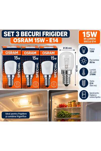Osram Set 3 Becuri pentru Frigider Special, 15W, 85 Lumeni, Soclu E14