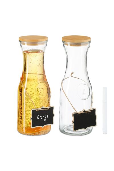 Relaxdays Set carafă de sticlă, 1 litru, capac din bambus, transparent, 27x9.5cm
