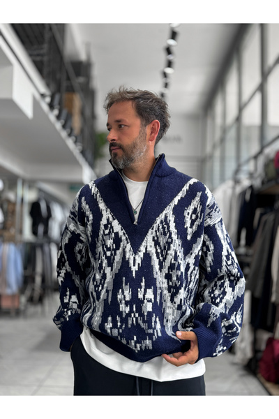 BYBASICMAN Pulover albastru închis cu fermoar parțial și model SW-6001