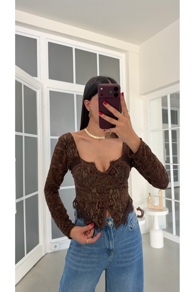 GAUS CO Acı Kahve Dantel Detaylı Premium Korse Bluz GAUS-02281