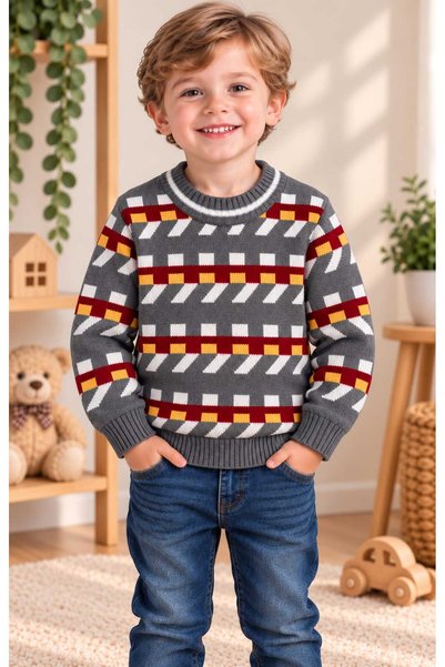 krm kerem bebe Boys' Patterned Crew Neck Stretch Knit Sweater