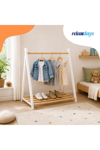 Relaxdays Παιδική Ξύλινη Κρεμάστρα Ρούχων, Λευκό-Καφέ, 111.5x112x48cm, με Ράφι
