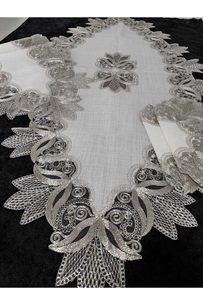 çeyizköşesi 5-Piece Lace Living Room Set with Linen Table Runner, Coffee Tabl...
