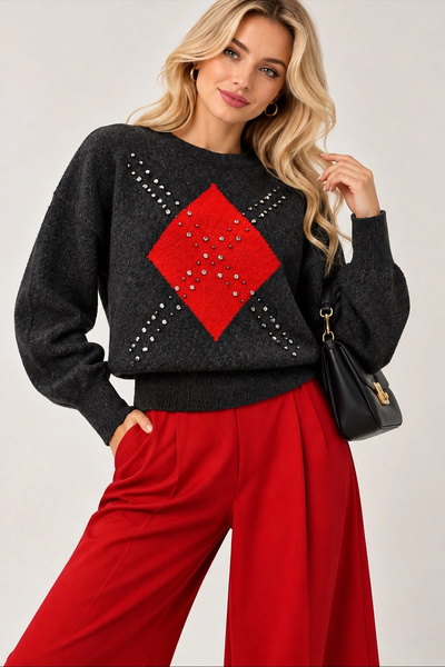 Lusin Women's Anthracite Stone Embellished Crew Neck Super-Soft Knit Sweater