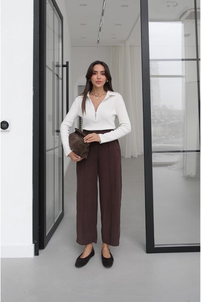 Havoş Brown Ribbed Straight-Leg Pants