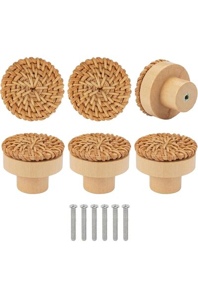 ALMEKAQUZ Pack of 6 Rattan Cabinet Knobs – Wood Boho Decorative Drawer Pulls,...
