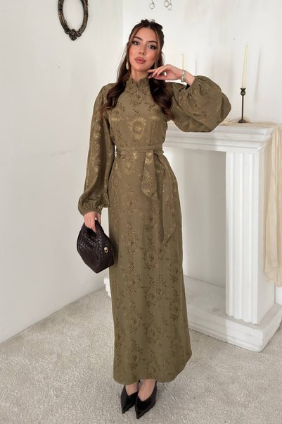 WeShaya Khaki Jacquard Balloon-Sleeve Dress