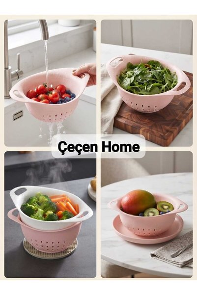ÇEÇEN HOME وعاء وردي عملي بمقاس 30 × 19 سم، مزود بمصفاة، يستخدم لغسل الفواكه ...