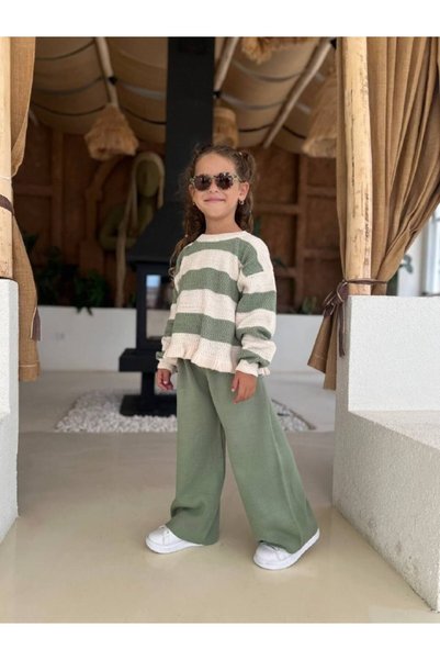 Mireya Kids Girls' Green Striped Knit Sweater and Pants Set