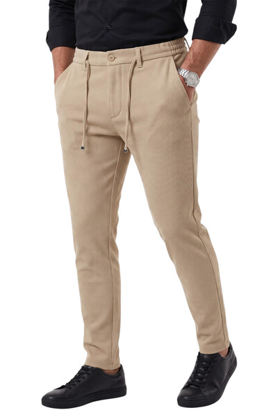 DeepSEA Men's Slim Fit Corded Fabric Beige Drawstring Pants – Elastic Cotton ...