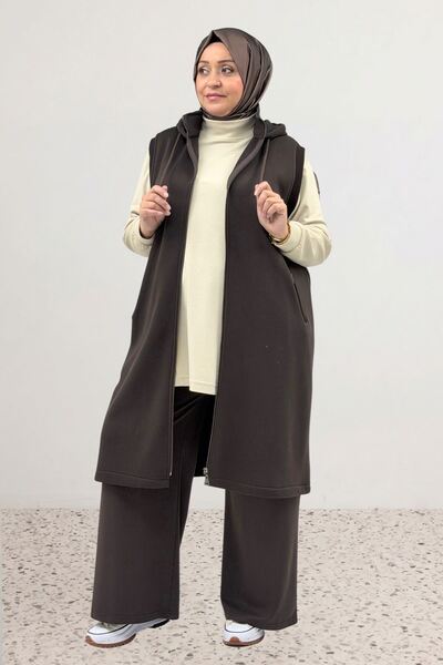 Eslina 64008 Plus-Size Hooded Three-Thread Vest with Filet Pockets - Coffee
