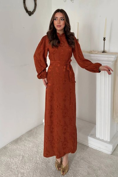 bysocafashion Terracotta Color Jacquard Balloon-Sleeve Dress