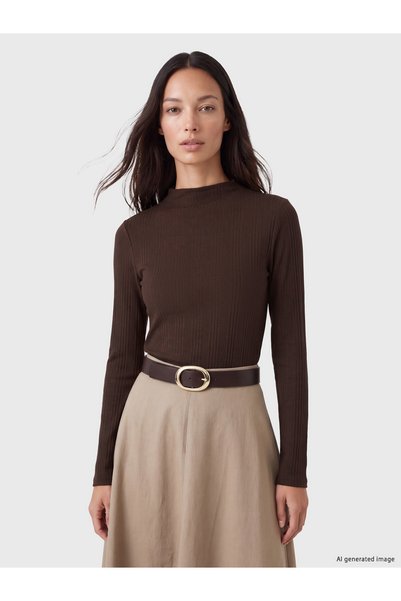 LC Waikiki LCW EVERYDAY Brown Ribbed Knit Corset-Style Plain Slim-Fit Long-Sl...