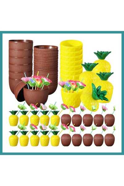 BT Teknik Tropikal Parti Bardak Seti ? Ananas ve Hindistan Cevizi Şekilli Pipetli Bardaklar (20 BEZ
