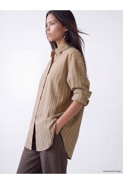 LC Waikiki Alita City Lcw Modest Brown Striped Women's Shirt with a Difference