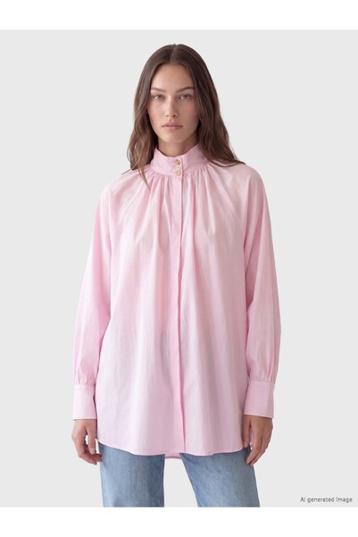 LC Waikiki LCW Modest Pink Stand-Collar 100% Cotton Women's Shirt-Tunic, Feat...