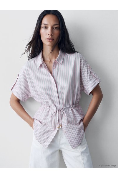 LC Waikiki LCW EVERYDAY Pink Striped Oversized Women's Shirt with Drawstring ...