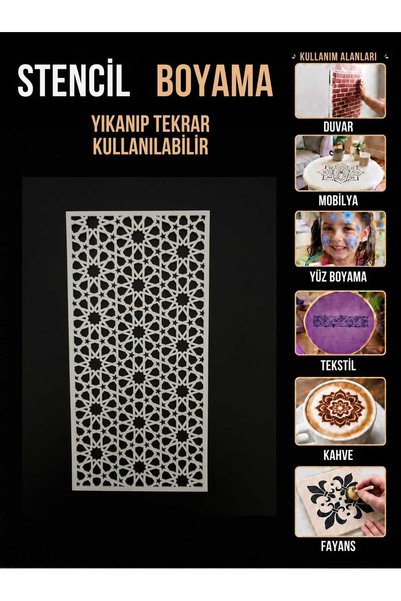 Mu Art Ahşap Seljuk Tile-Patterned Geometric Stencil – 250-Micron Mylar Stenc...