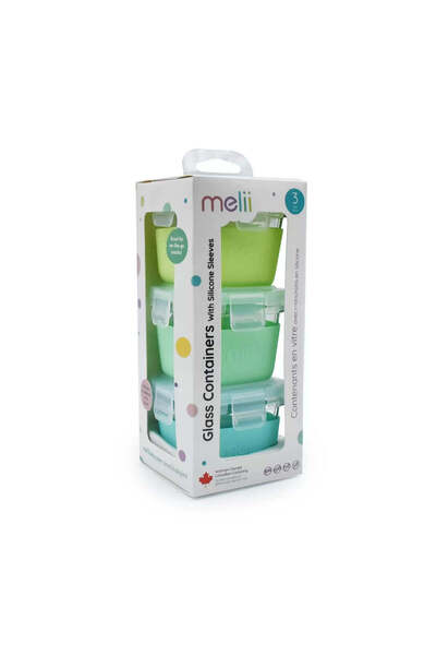 Melii Set 3 recipiente sticla 3 160ml cu husa antiderapanta silicon blue mint...