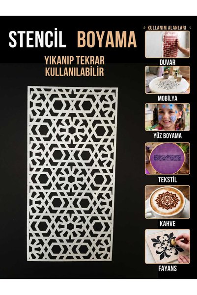 Mu Art Ahşap Seljuk Tile-Patterned Geometric Stencil – 250-Micron Mylar Stenc...